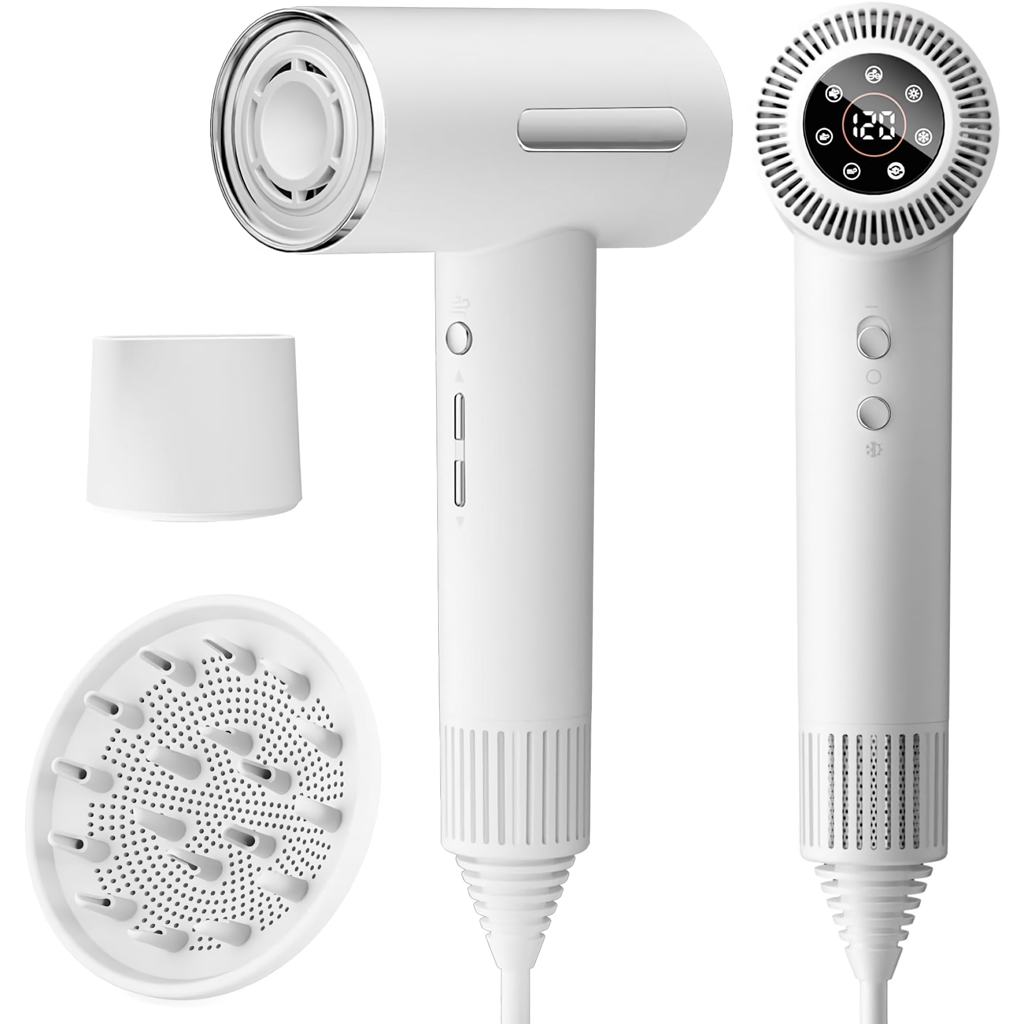 BLDC Hair Dryer, Blow Dryer with 110,000 RPM, 1400W Powerful High Speed, Diffuser & LED Display, 3 Air Speeds for Fast Drying, Home, Travel (White) - LS-092 BLDC Hair Dryer, Blow Dryer with 110,000 RPM, 1400W Powerful High Speed, Diffuser & LED Display, 3 Air Speeds for Fast Drying, Home, Travel (White) - LS-092